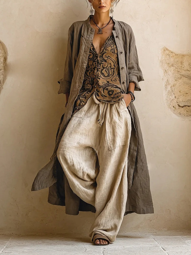 Amie | Women's Button Front Wide Leg Long Sleeve Three Piece Set