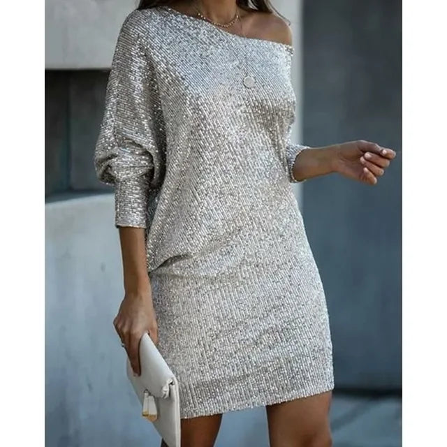 Amirah | Women's Sequin Long Sleeve One Shoulder Mini Dress