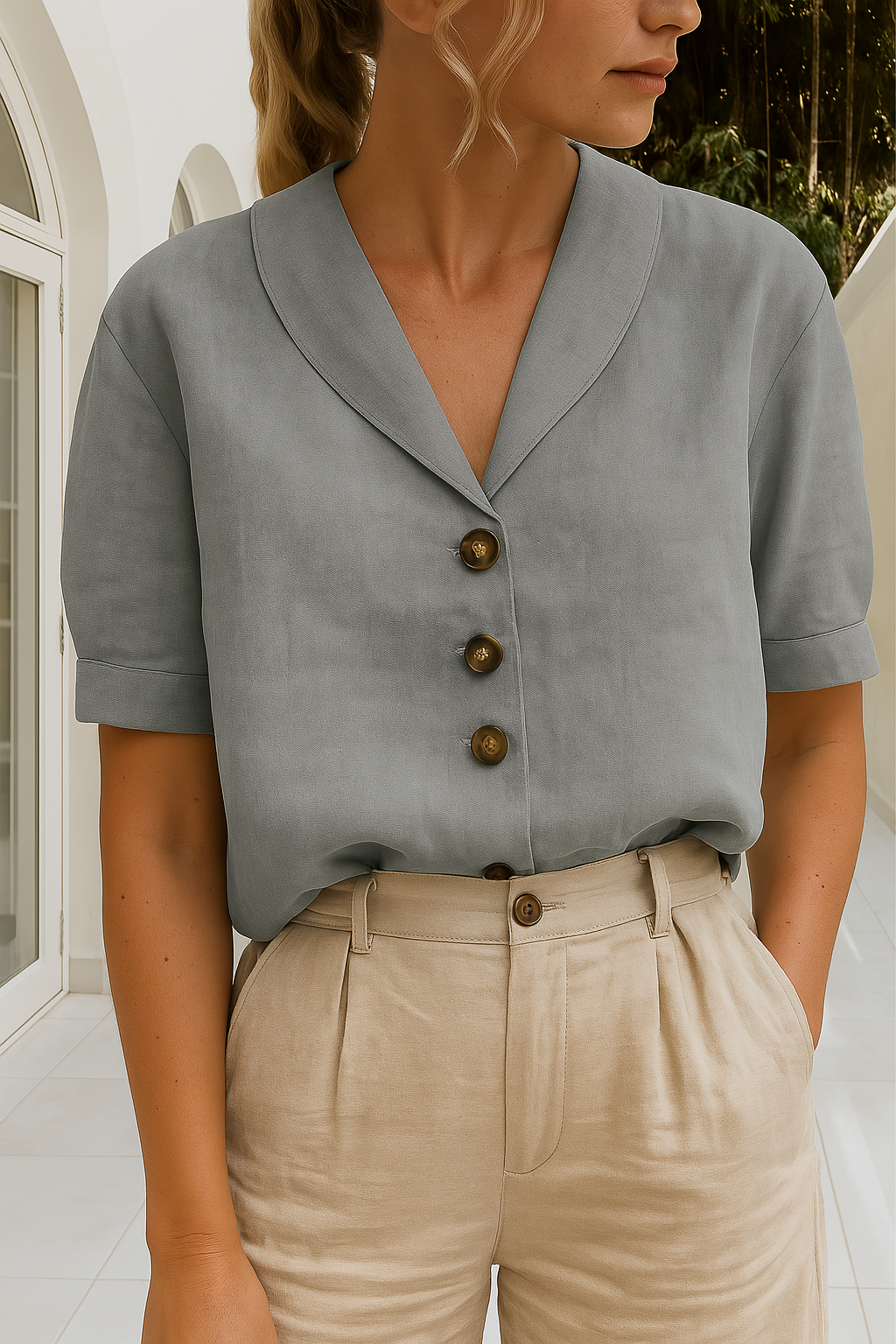 Amora | Women's V Neck Button Front Short Sleeve Blouse