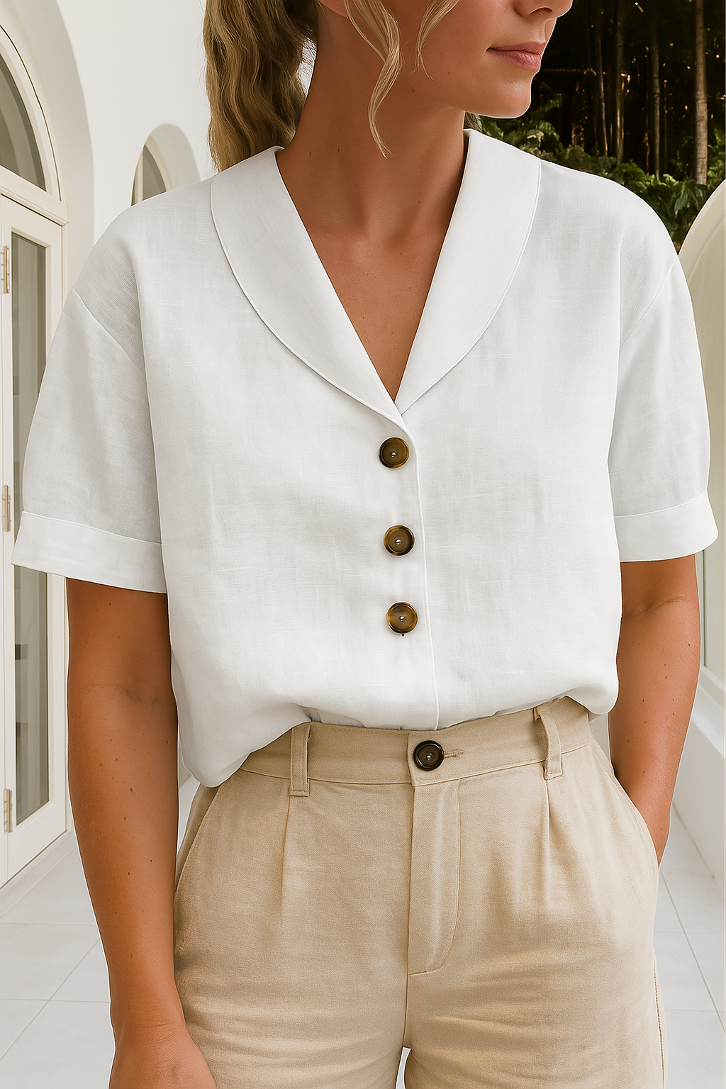 Amora | Women's V Neck Button Front Short Sleeve Blouse