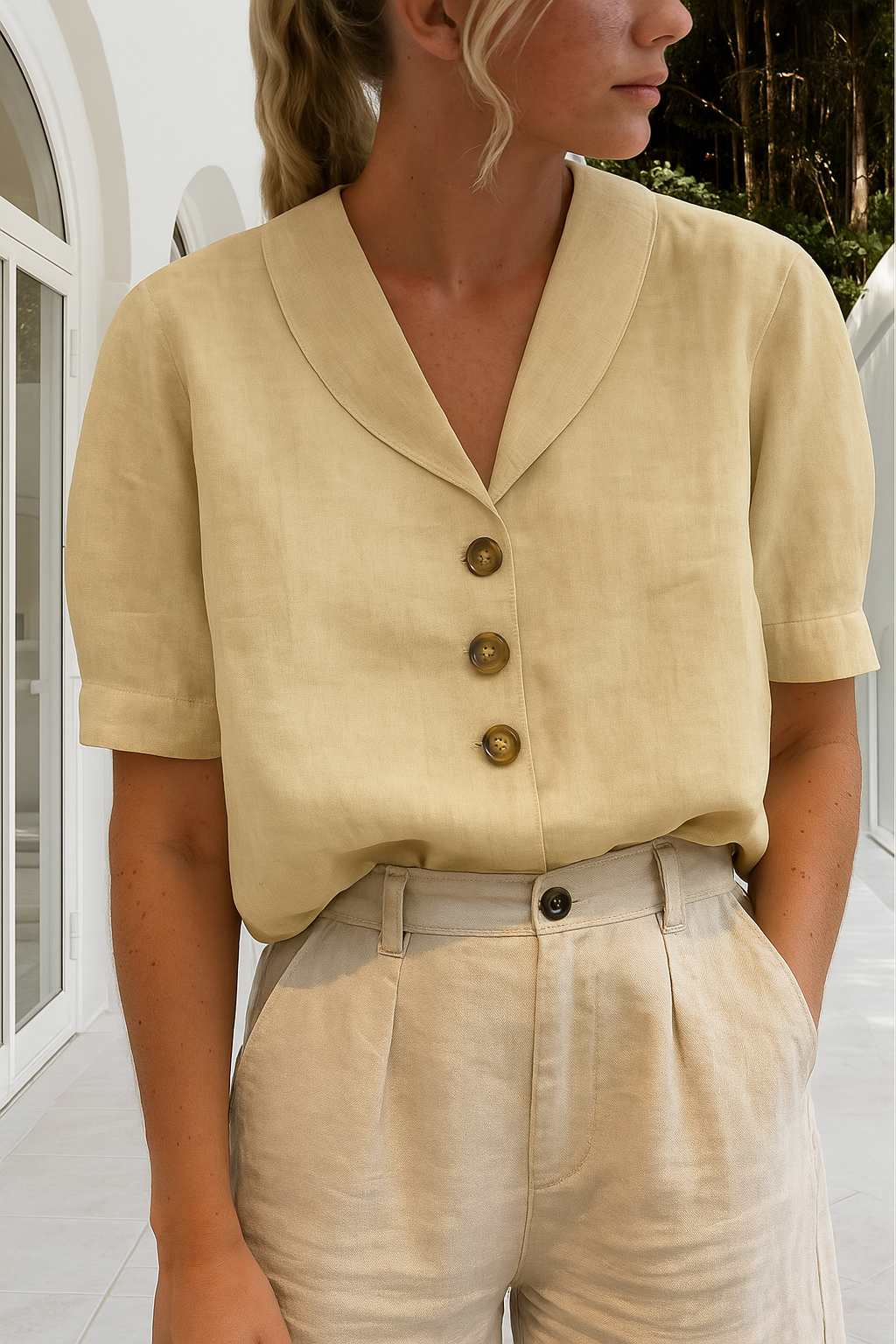 Amora | Women's V Neck Button Front Short Sleeve Blouse