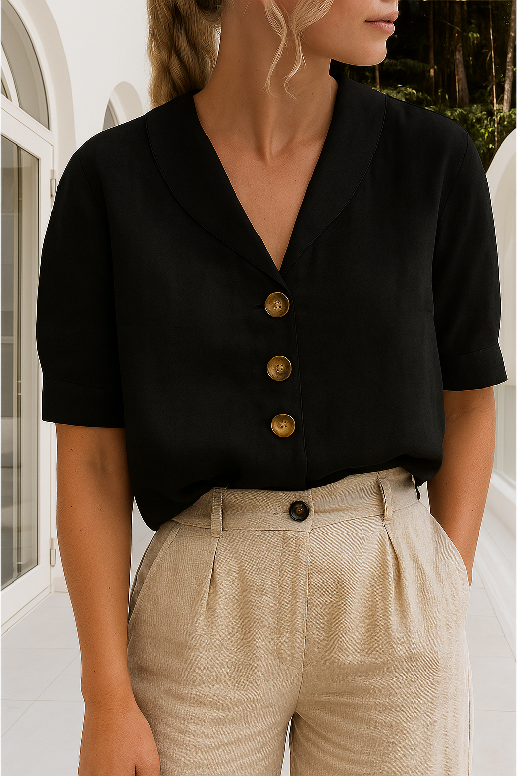 Amora | Women's V Neck Button Front Short Sleeve Blouse