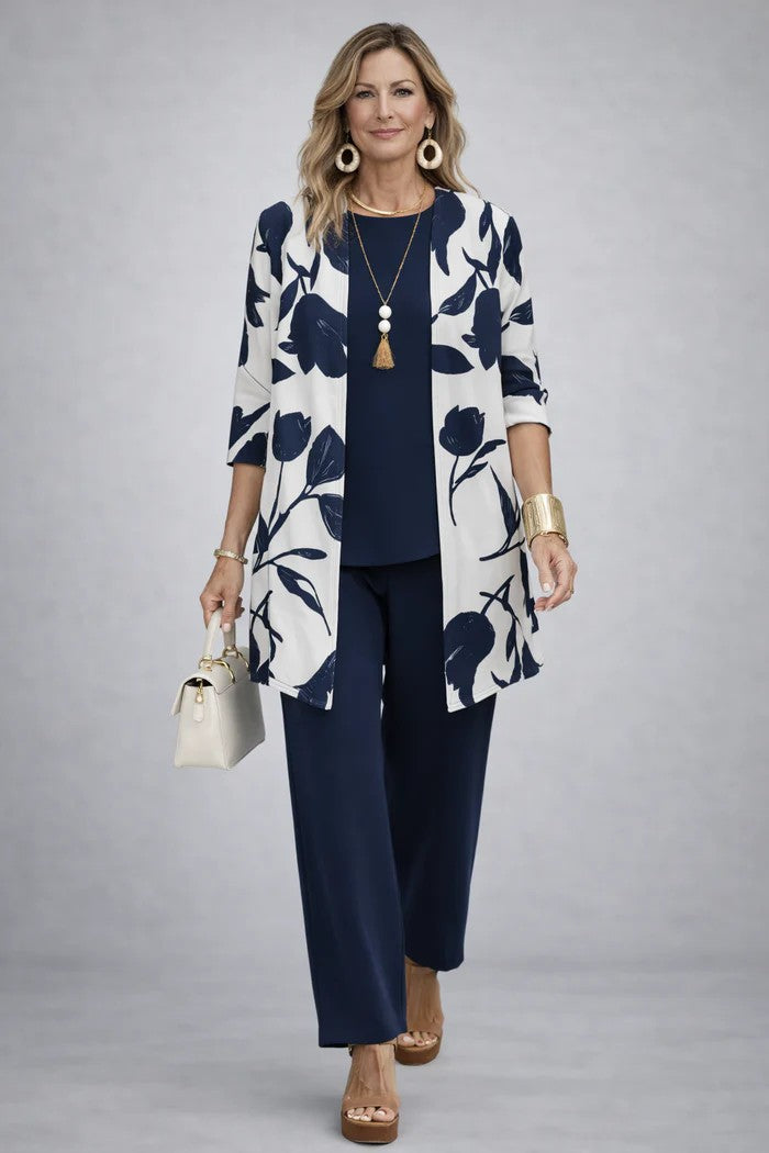 Amya | Women's Printed Round Neck Long Sleeve Three Piece Set