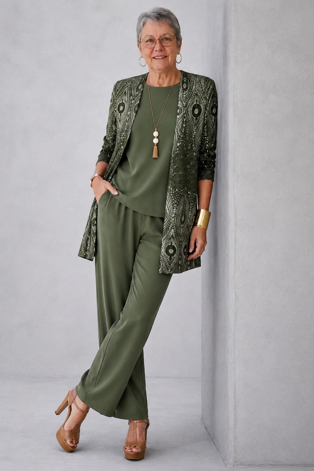Anabel | Women's Long Sleeve Open Front Printed Three Piece Set