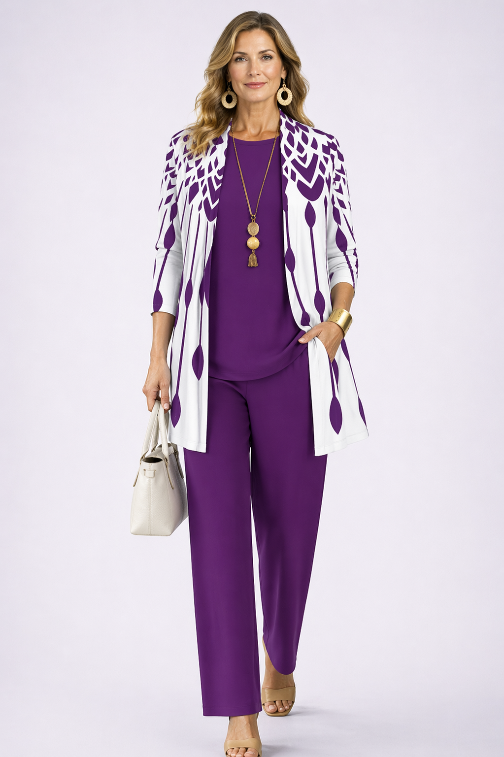 Anabella | Women's Printed Straight Leg Open Front Three Piece Set