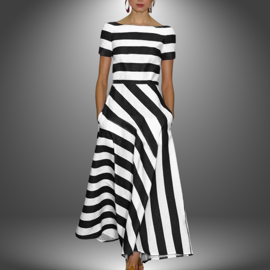 Andela | Women's Boat Neck Short Sleeve Striped Midi Dress