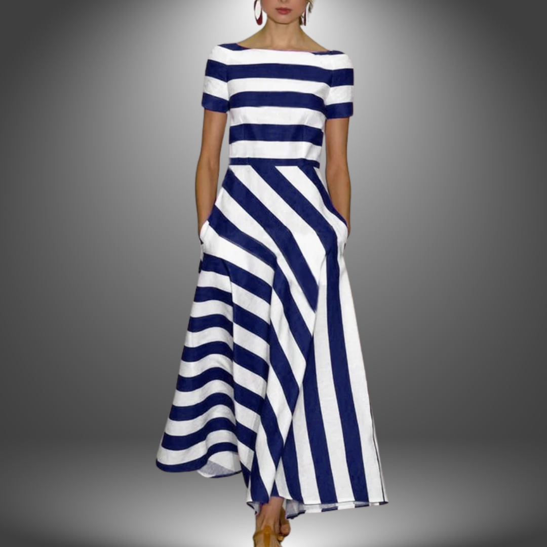 Andela | Women's Boat Neck Short Sleeve Striped Midi Dress