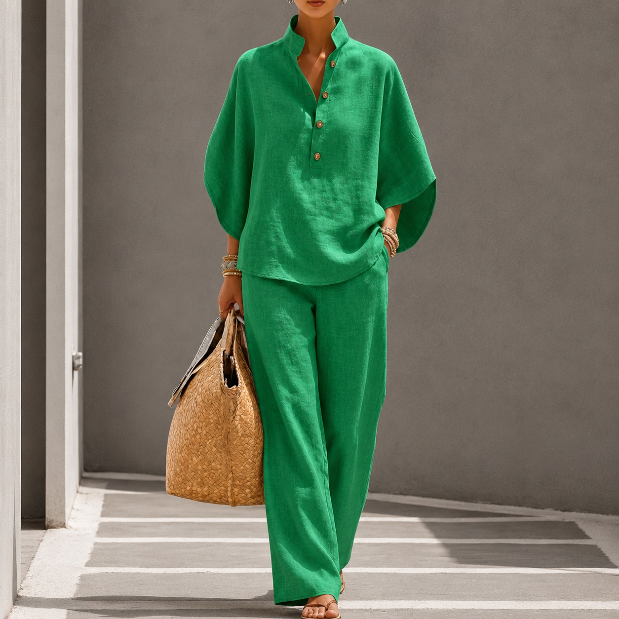 Andina | Women's Wide Leg Stand Collar Summer Two Piece Set