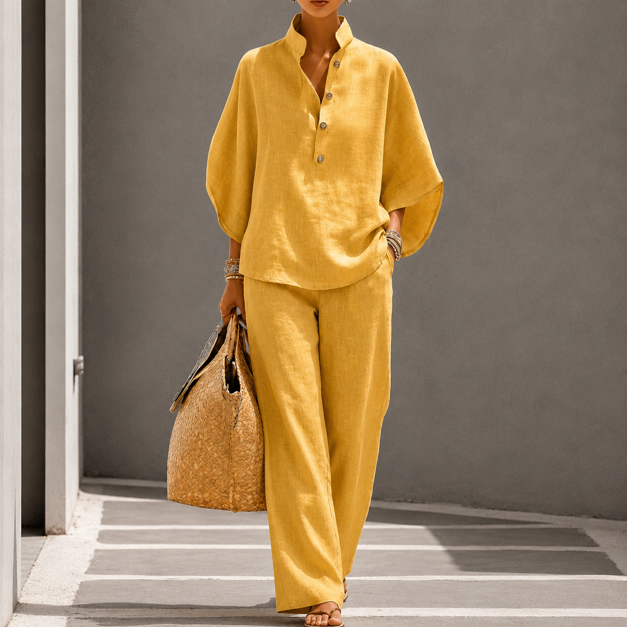 Andina | Women's Wide Leg Stand Collar Summer Two Piece Set
