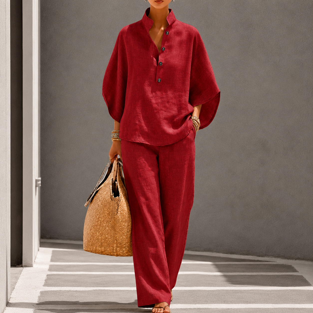 Andina | Women's Wide Leg Stand Collar Summer Two Piece Set