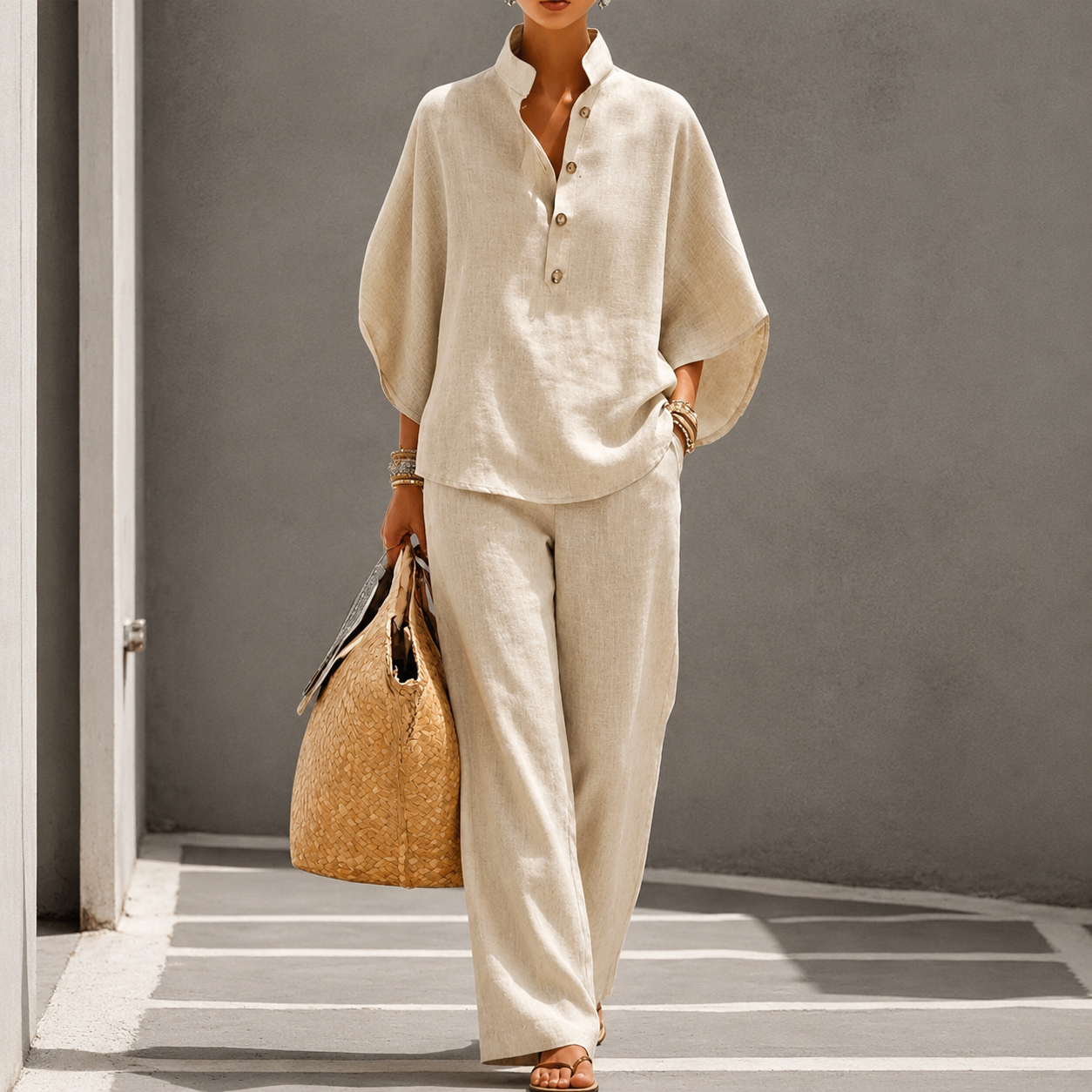 Andina | Women's Wide Leg Stand Collar Summer Two Piece Set