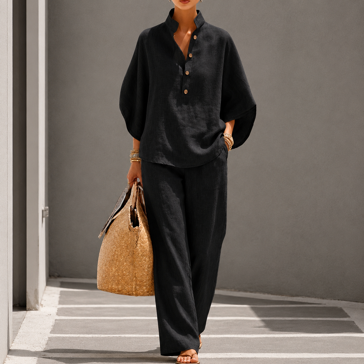 Andina | Women's Wide Leg Stand Collar Summer Two Piece Set