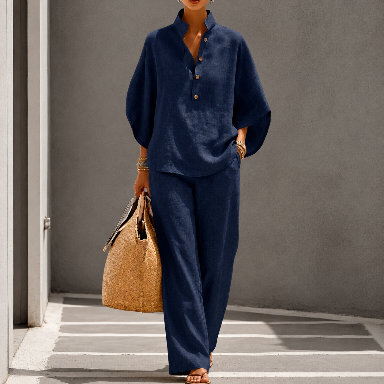 Andina | Women's Wide Leg Stand Collar Summer Two Piece Set