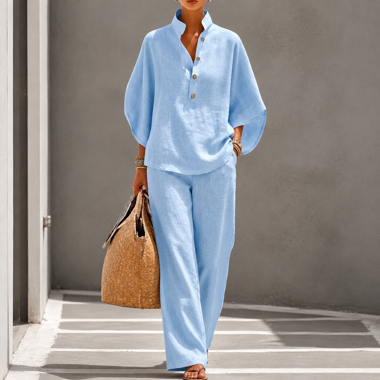 Andina | Women's Wide Leg Stand Collar Summer Two Piece Set