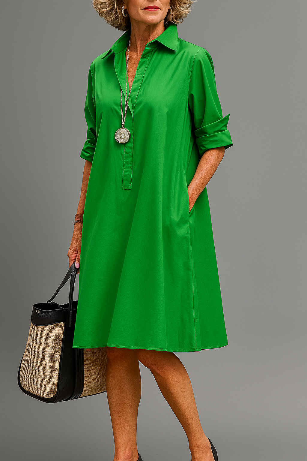 Andreia | Women's Flowy Turn Over Collar Summer Knee Length Dress