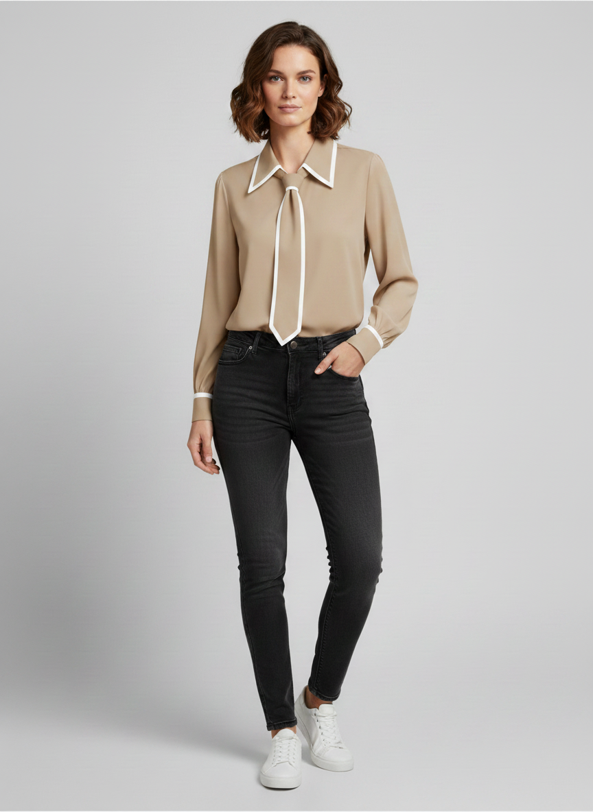 Angelina | Women’s Pointed Collar Contrast Tie Long Sleeve Blouse