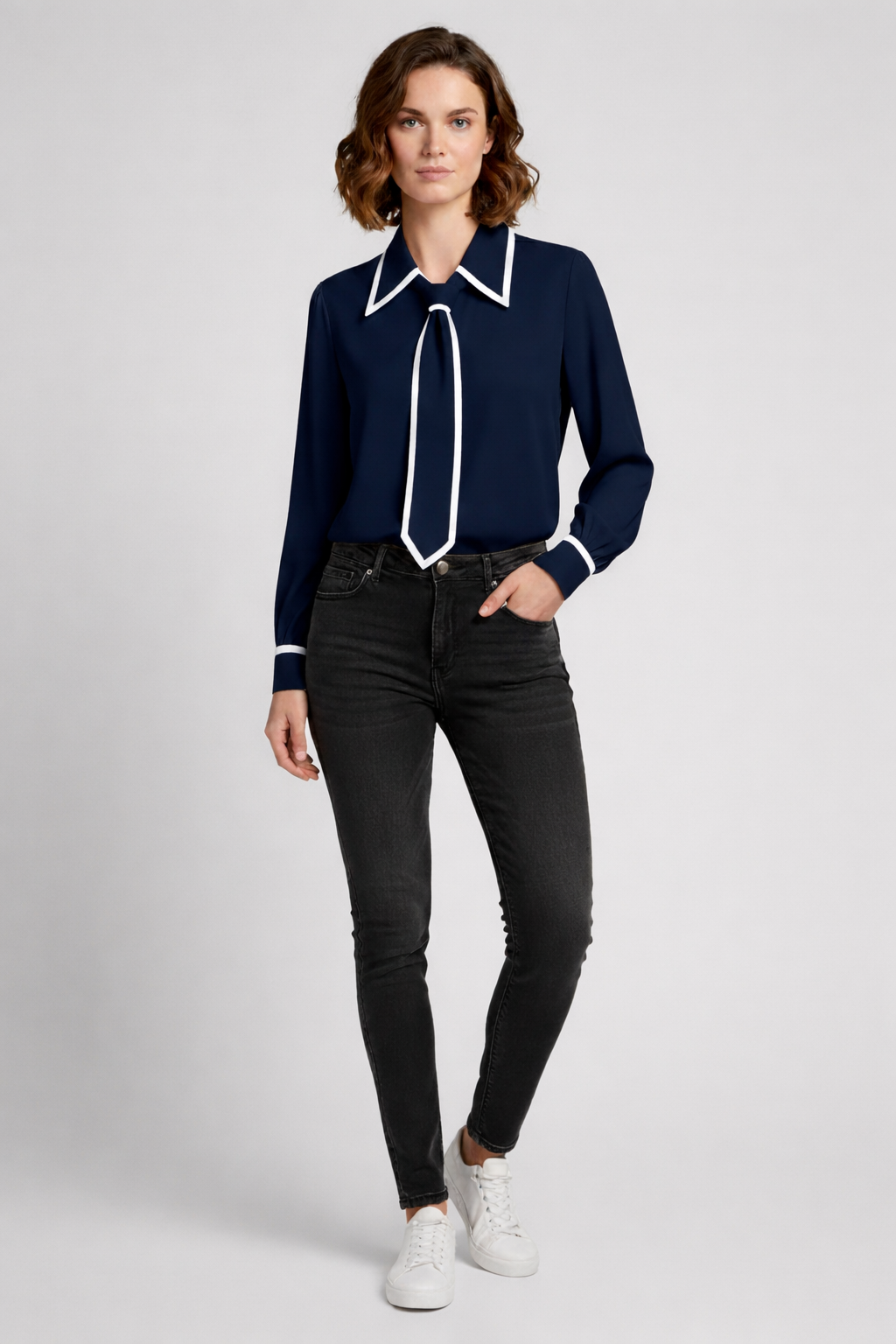 Angelina | Women’s Pointed Collar Contrast Tie Long Sleeve Blouse