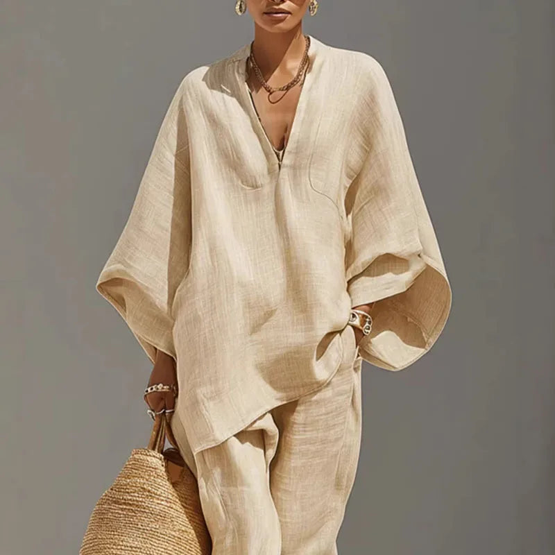 Angharad | Women's Tapered Leg V Neck Summer Two Piece Set