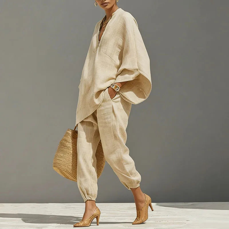 Angharad | Women's Tapered Leg V Neck Summer Two Piece Set
