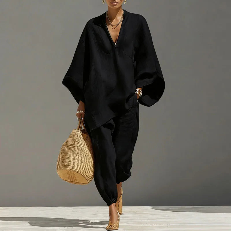 Angharad | Women's Tapered Leg V Neck Summer Two Piece Set