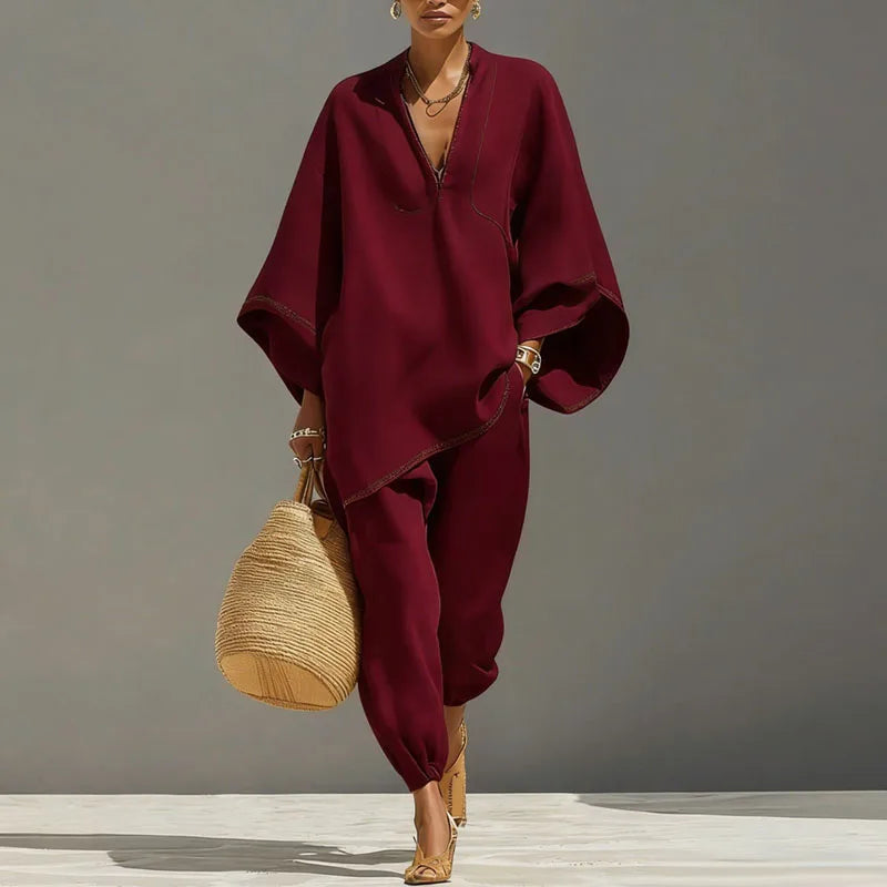 Angharad | Women's Tapered Leg V Neck Summer Two Piece Set