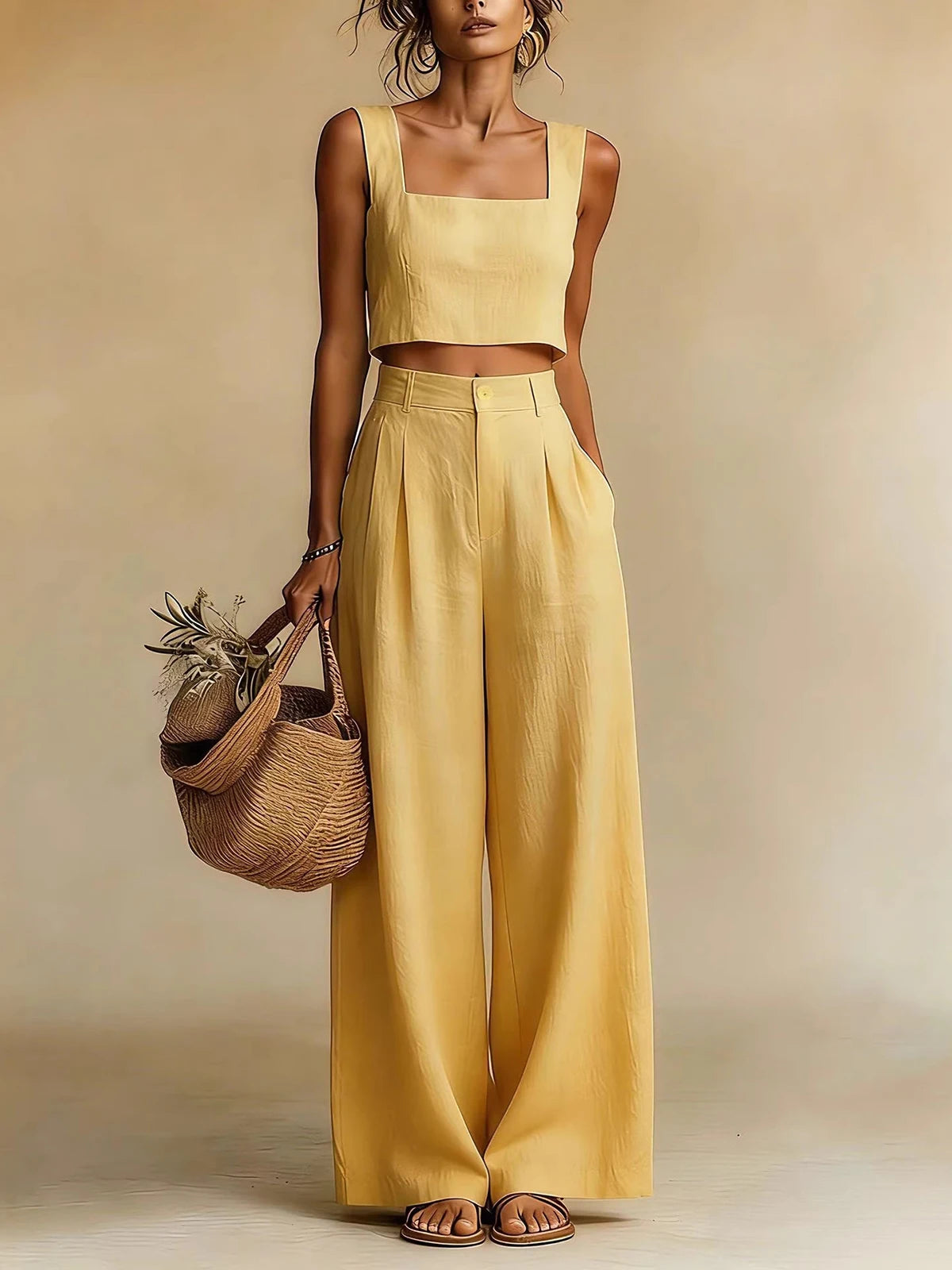 Anissa | Women's Square Neck Wide Leg High Waist Two Piece Set