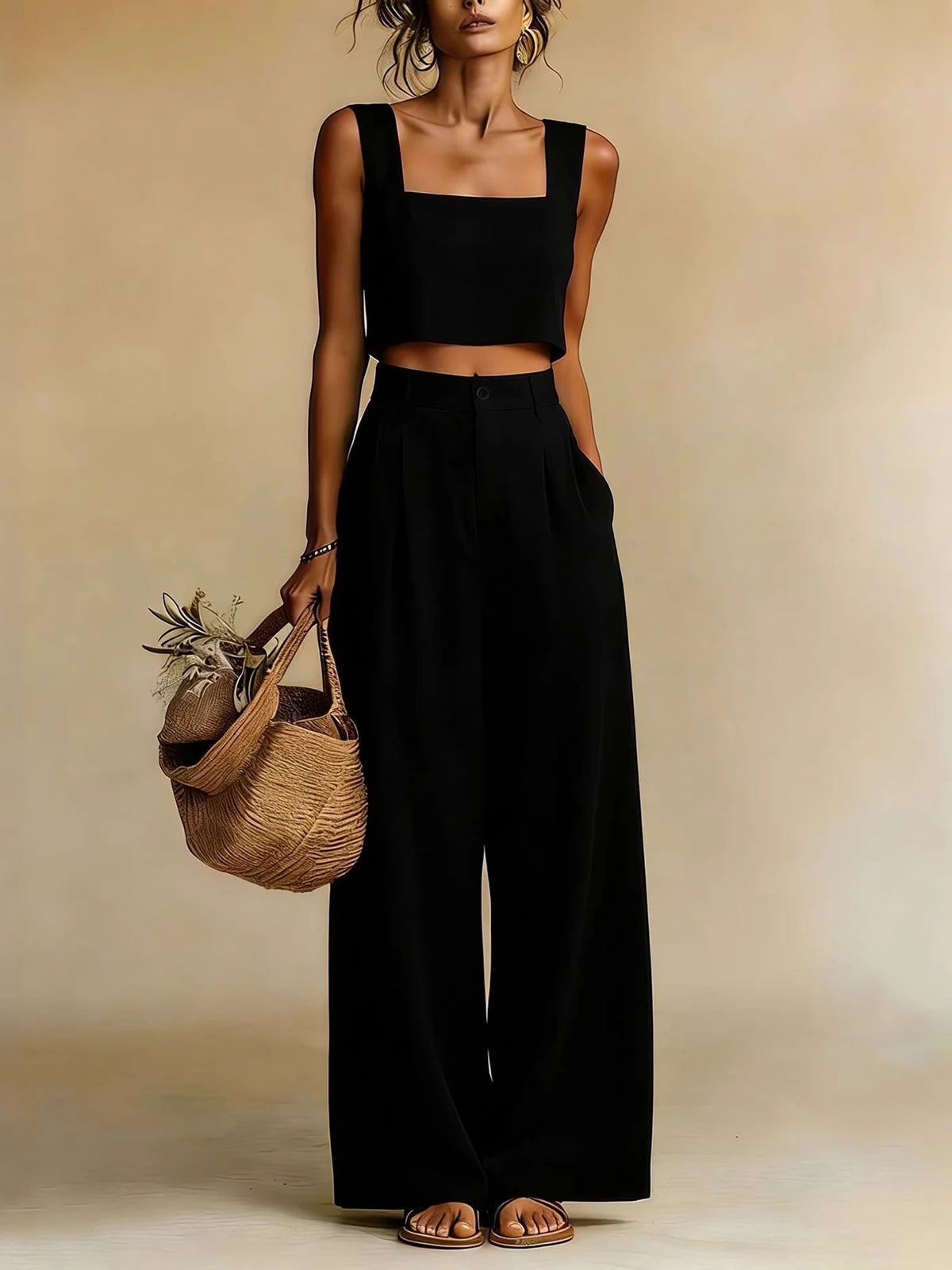 Anissa | Women's Square Neck Wide Leg High Waist Two Piece Set
