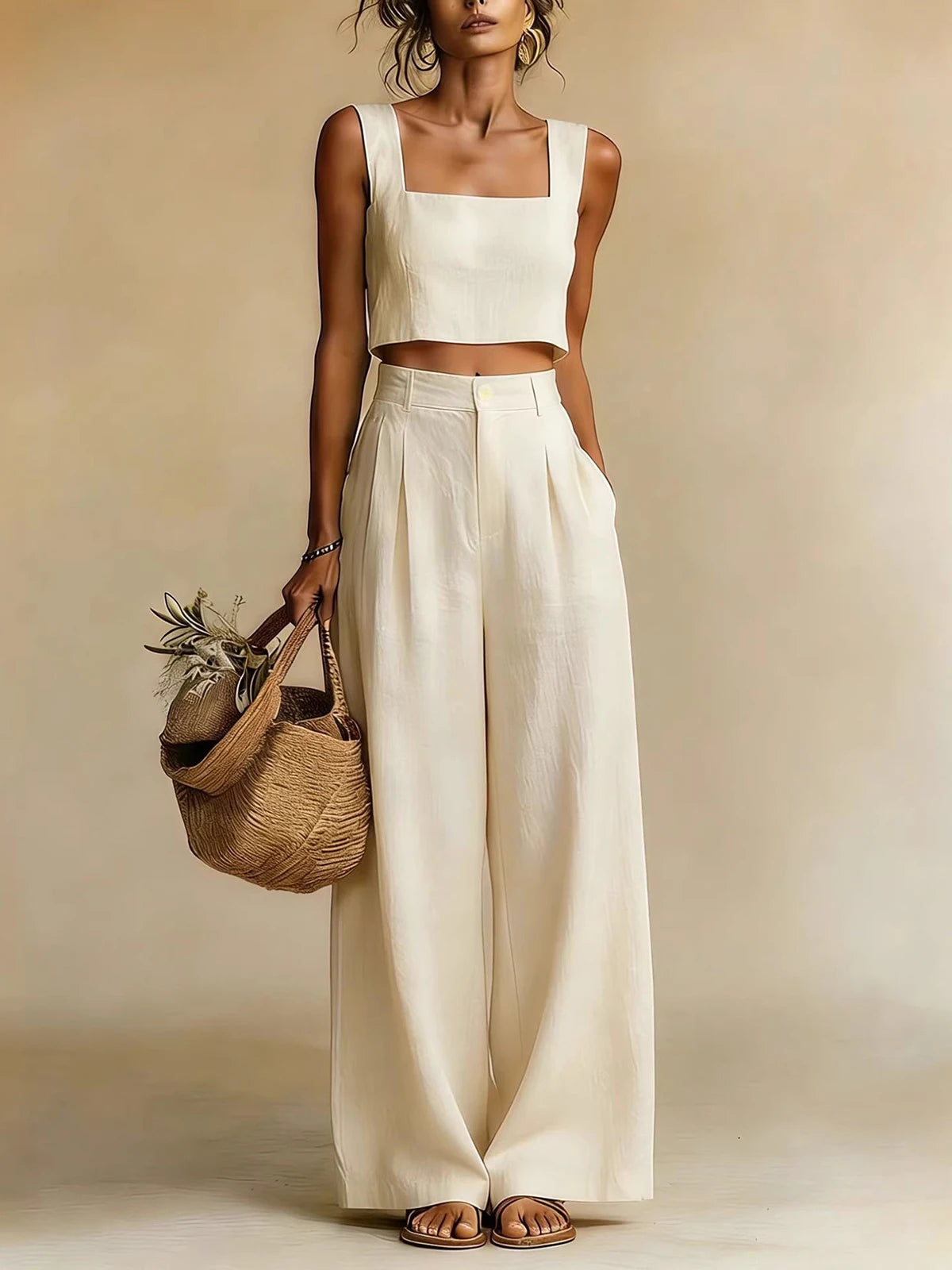 Anissa | Women's Square Neck Wide Leg High Waist Two Piece Set