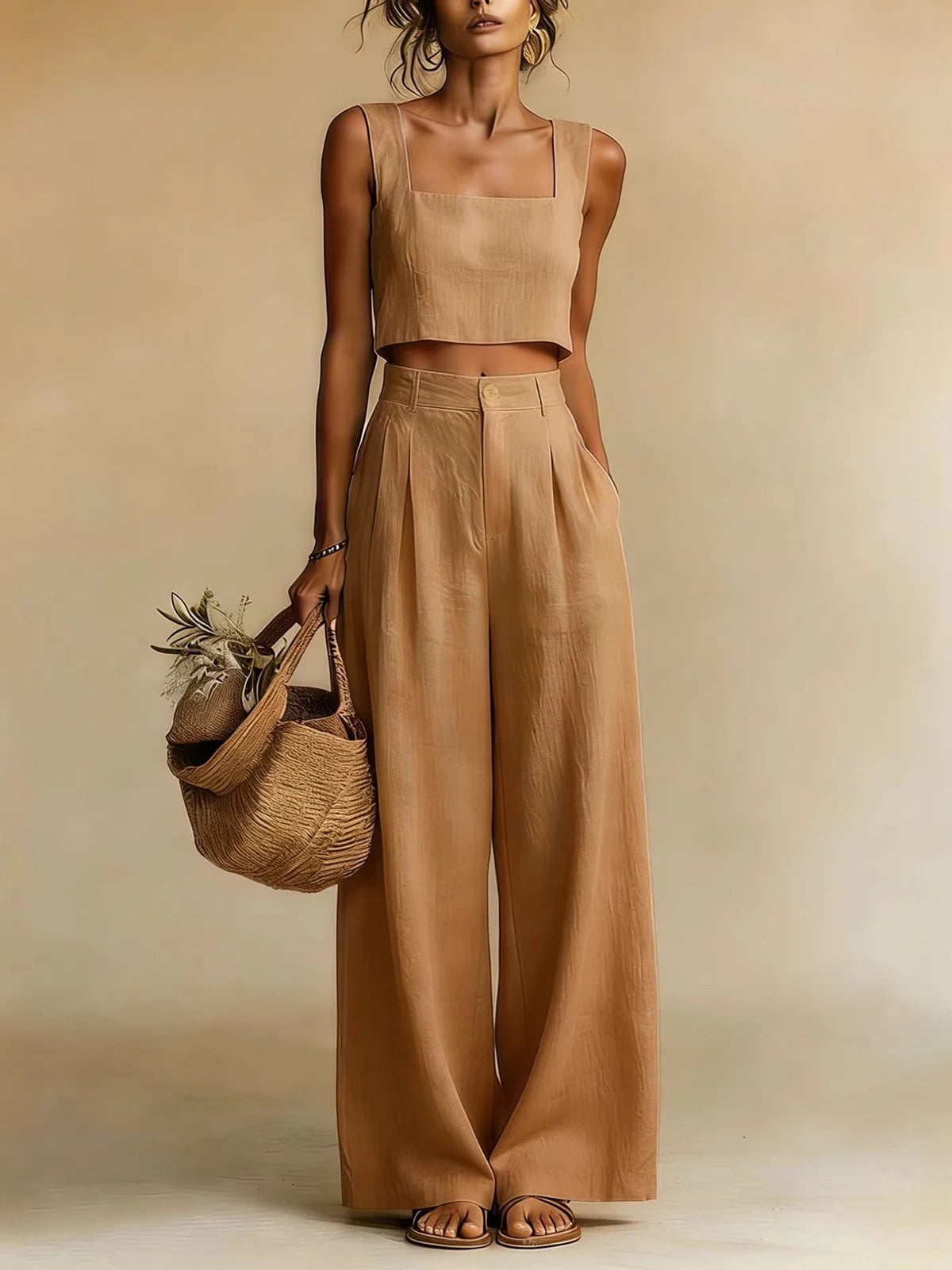 Anissa | Women's Square Neck Wide Leg High Waist Two Piece Set