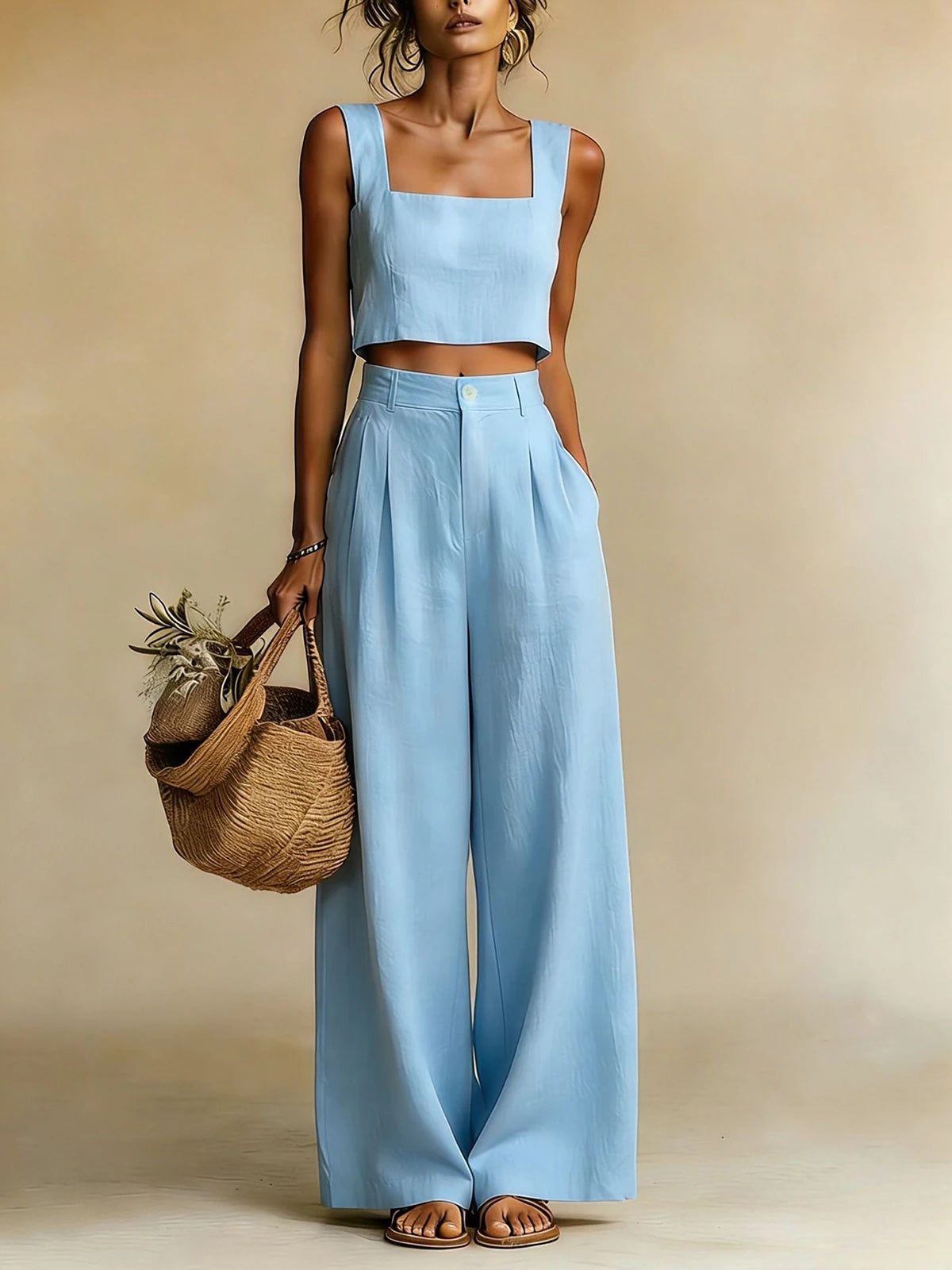 Anissa | Women's Square Neck Wide Leg High Waist Two Piece Set