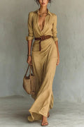 Aniyah | Women's Turn Down Collar Belted Flowy Maxi Dress
