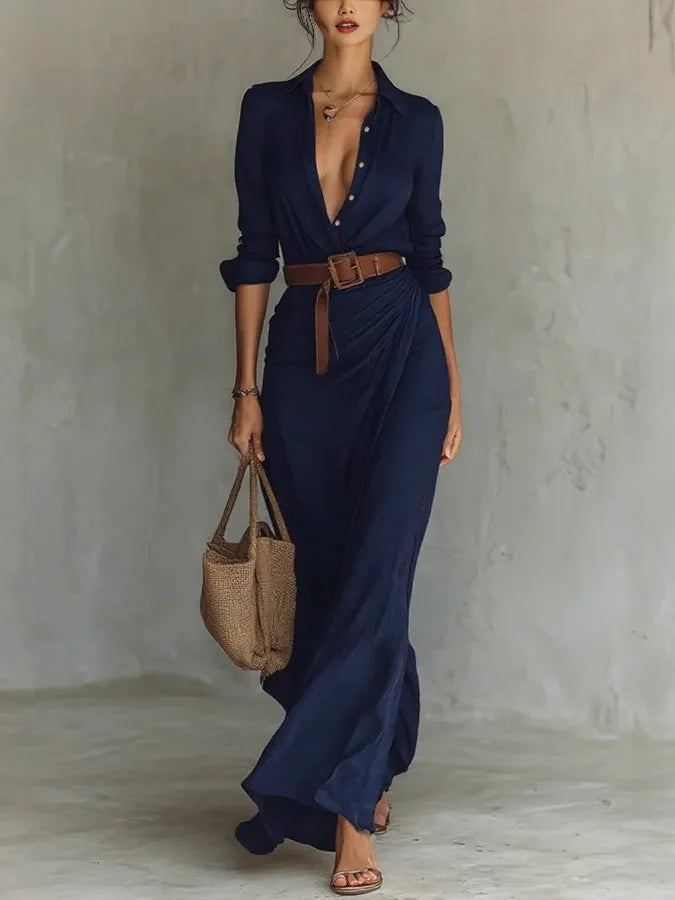 Aniyah | Women's Turn Down Collar Belted Flowy Maxi Dress