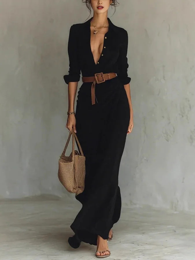 Aniyah | Women's Turn Down Collar Belted Flowy Maxi Dress