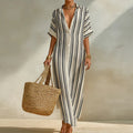 Annelies | Women's Vertical Stripe Turn Down Collar Shirt Maxi Dress