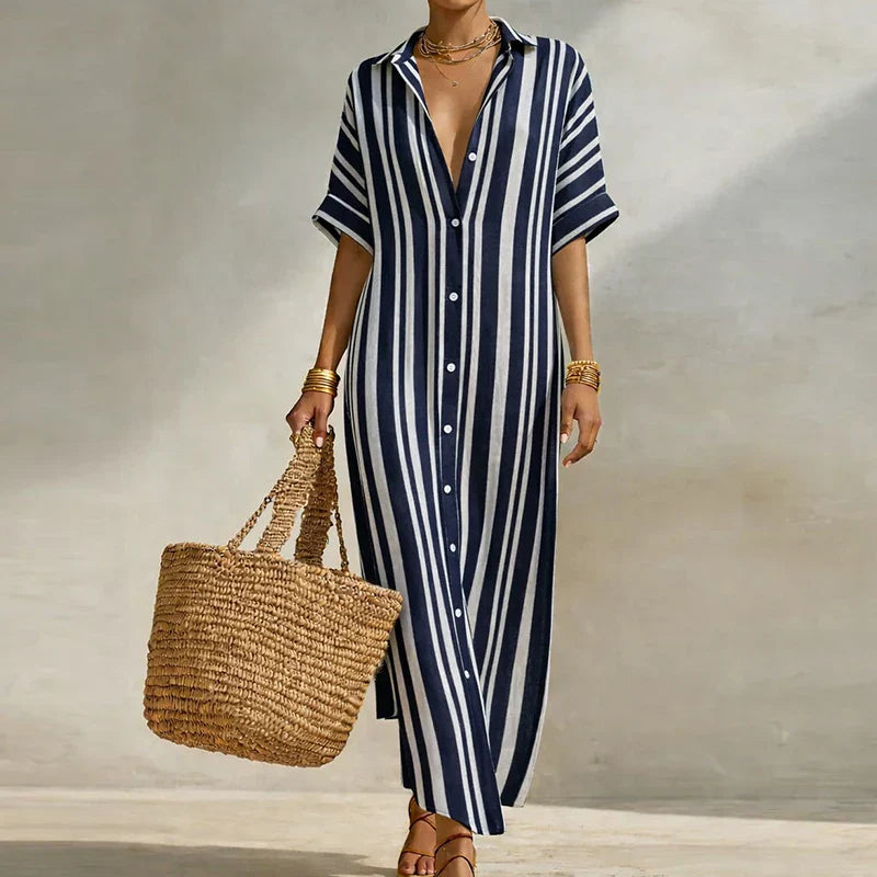 Annelies | Women's Vertical Stripe Turn Down Collar Shirt Maxi Dress