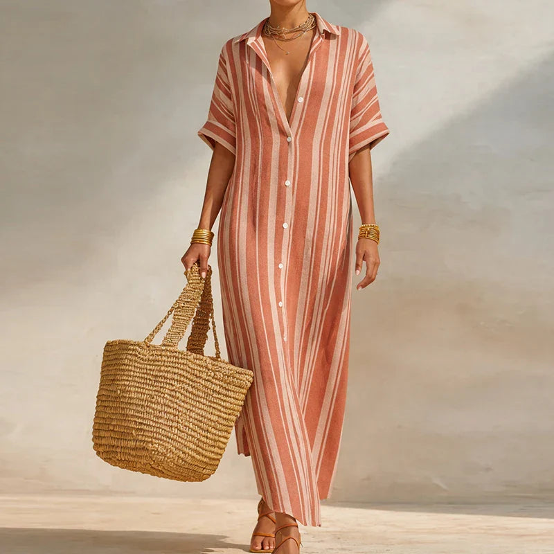 Annelies | Women's Vertical Stripe Turn Down Collar Shirt Maxi Dress