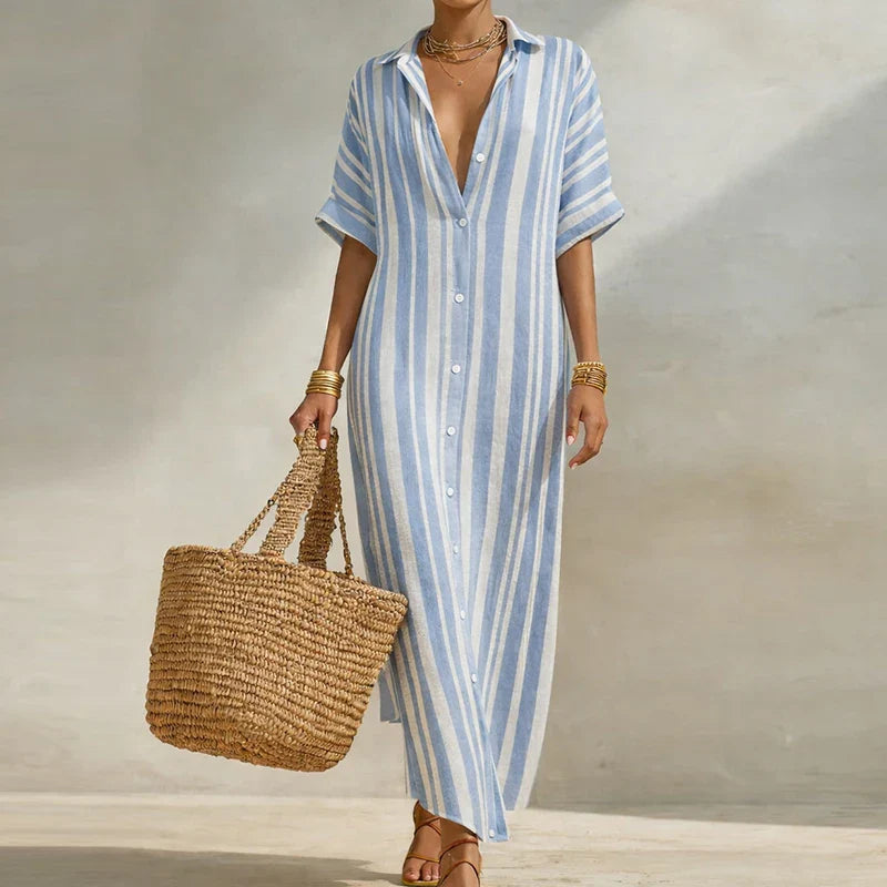 Annelies | Women's Vertical Stripe Turn Down Collar Shirt Maxi Dress