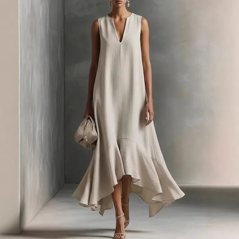 Annelise | Women's Flowy Ruffle Asymmetrical Sleeveless Midi Dress