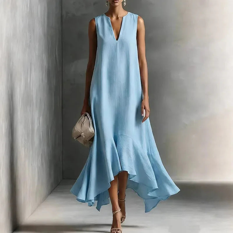 Annelise | Women's Flowy Ruffle Asymmetrical Sleeveless Midi Dress
