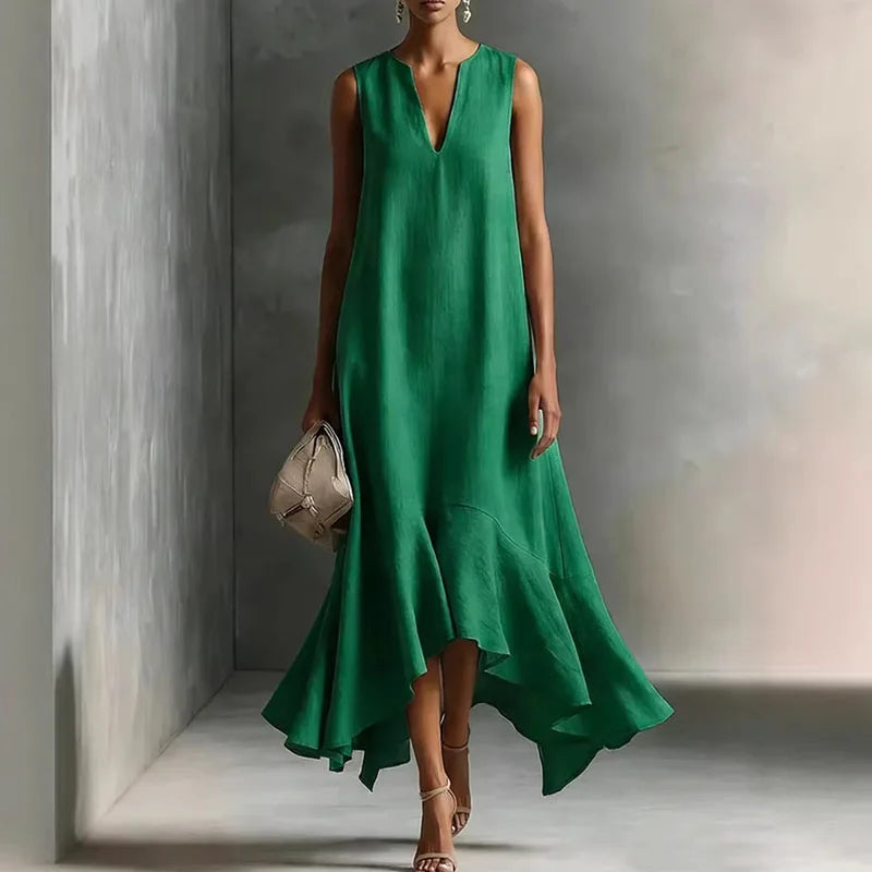 Annelise | Women's Flowy Ruffle Asymmetrical Sleeveless Midi Dress