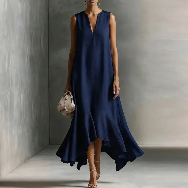 Annelise | Women's Flowy Ruffle Asymmetrical Sleeveless Midi Dress