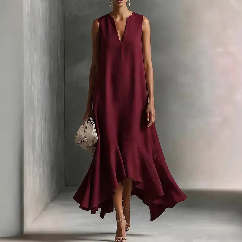 Annelise | Women's Flowy Ruffle Asymmetrical Sleeveless Midi Dress