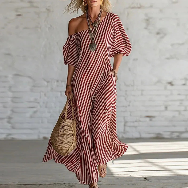 Annella | Women's Puff Sleeve One Shoulder Boho Flowy Maxi Dress