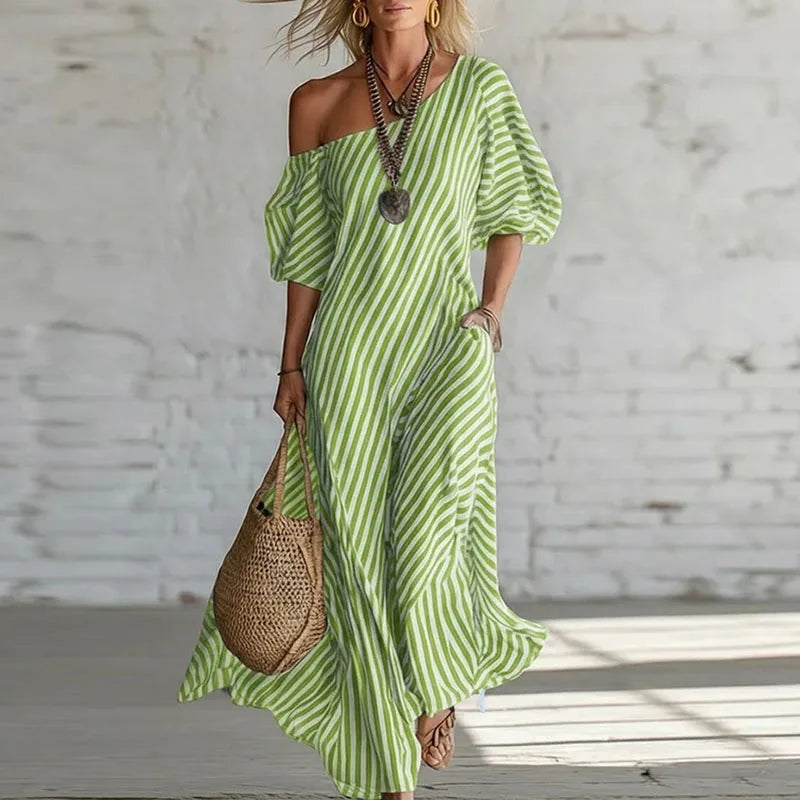 Annella | Women's Puff Sleeve One Shoulder Boho Flowy Maxi Dress