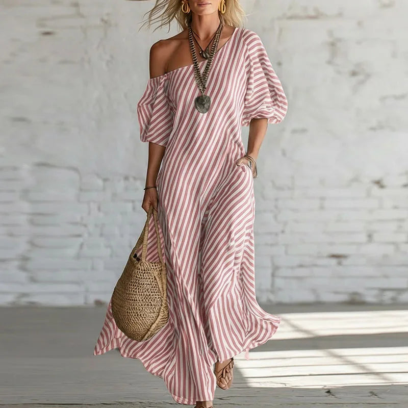 Annella | Women's Puff Sleeve One Shoulder Boho Flowy Maxi Dress