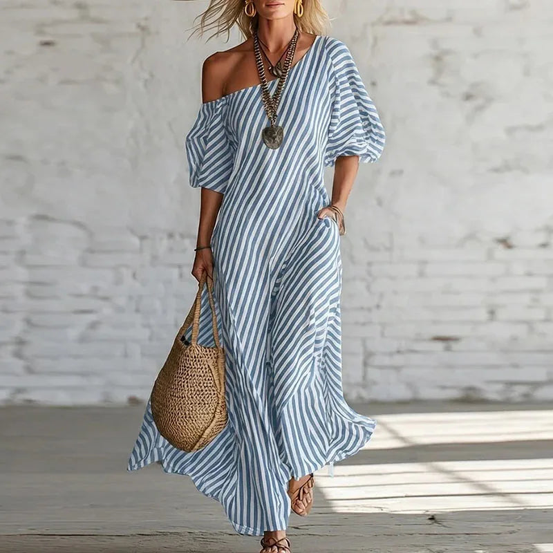 Annella | Women's Puff Sleeve One Shoulder Boho Flowy Maxi Dress