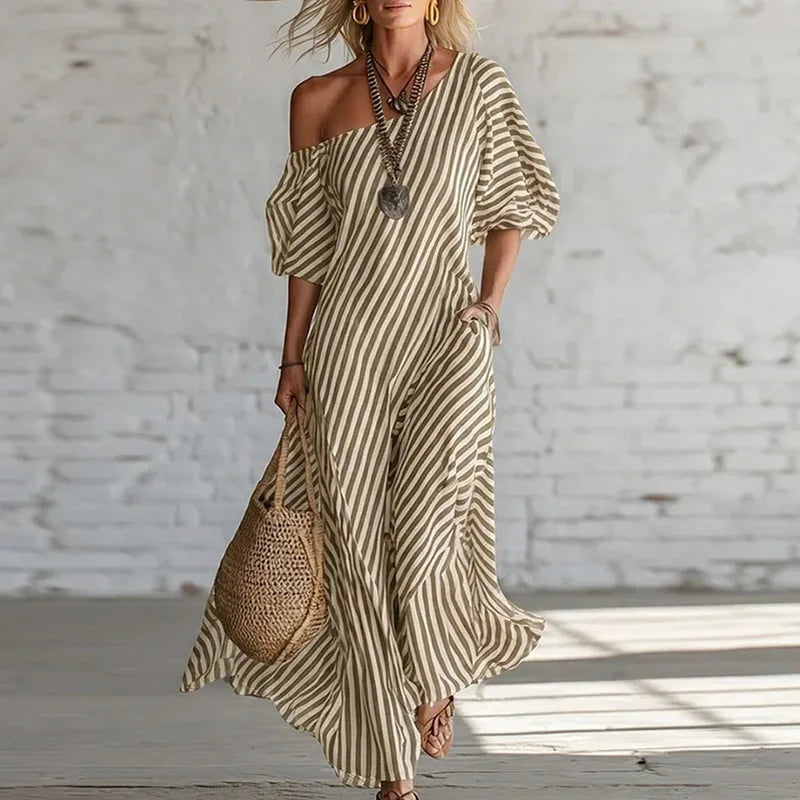 Annella | Women's Puff Sleeve One Shoulder Boho Flowy Maxi Dress