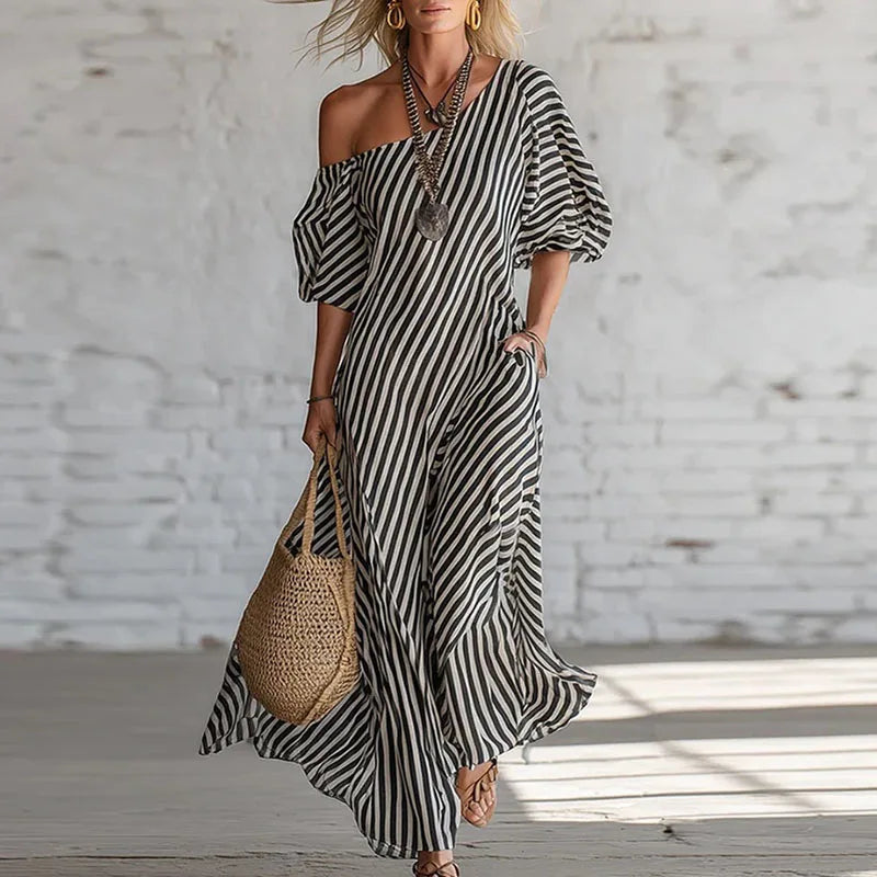 Annella | Women's Puff Sleeve One Shoulder Boho Flowy Maxi Dress
