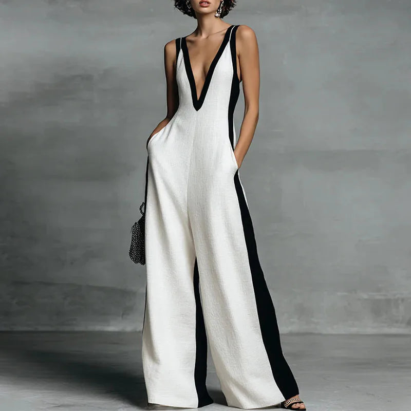 Annemarie | Women's Two Tone Sleeveless V Neck Wide Leg Jumpsuit