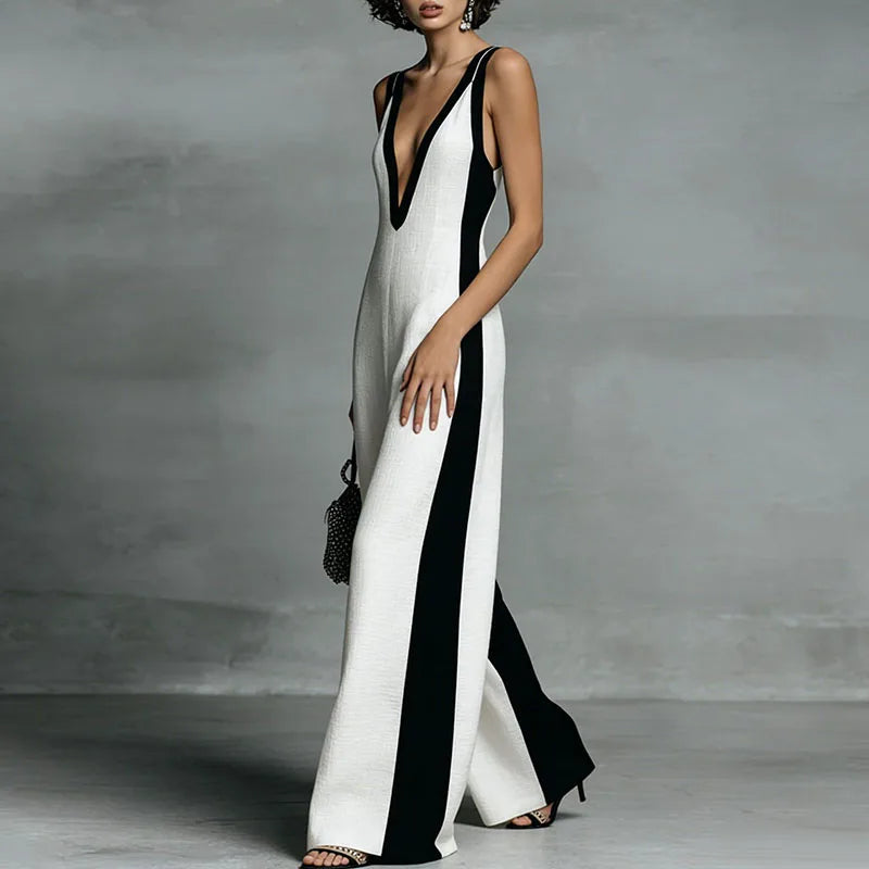 Annemarie | Women's Two Tone Sleeveless V Neck Wide Leg Jumpsuit